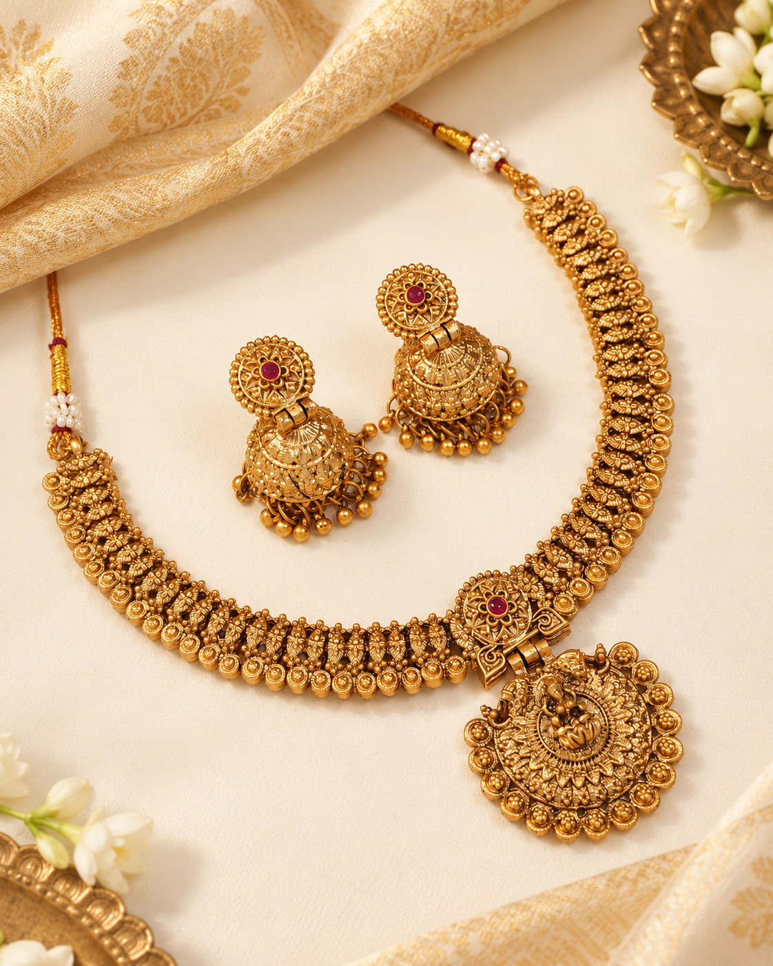 Gold Lakshmi Pendant Temple Necklace with Jhumkas